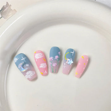 Qfdian Oil Painting Handmade Press on Nails Design Cute Fake Nails Design Butterfly Moon Stars Wearable Adhesive Women False Nail Tips